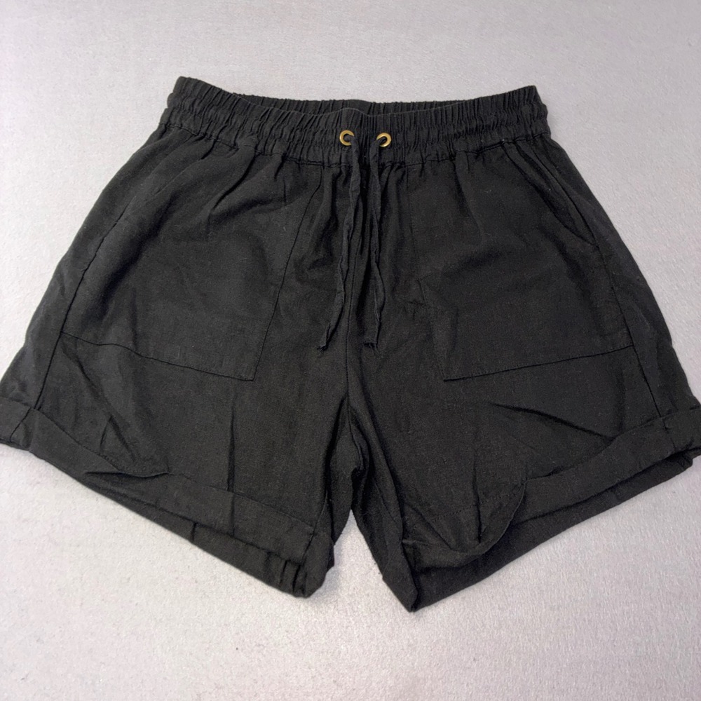 Zenana Linen Shorts Women XL Black Elastic Drawstring Cuffed Pockets Casual
